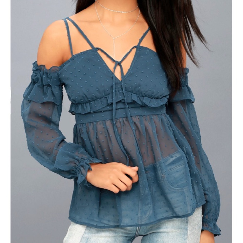 SLATE BLUE SHEER OFF-THE-SHOULDER TOP